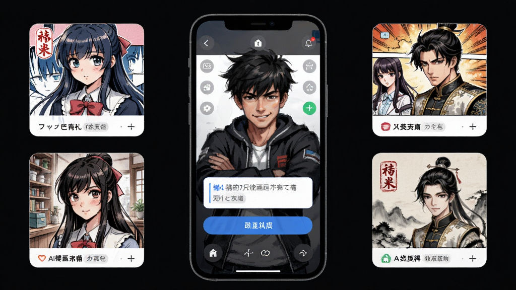 AI漫画一键生成软件主界面展示,画面中央为手机屏幕,屏幕内显示漫画风格的人物角色和文字输入框,周围环绕日漫、美漫、国风三种风格的小图预览,布局简洁清晰,风格为现代科技感UI设计,细节包括按钮图标和风格标签,画质高清,干净无多余元素