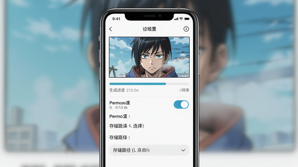 AI漫画一键生成移动端操作界面截图,画面中央为手机屏幕显示漫画生成进度条和设置选项,布局为上下结构,风格为简洁清爽的移动应用UI,细节包括权限开关和存储路径选择,画质高清,干净无多余元素