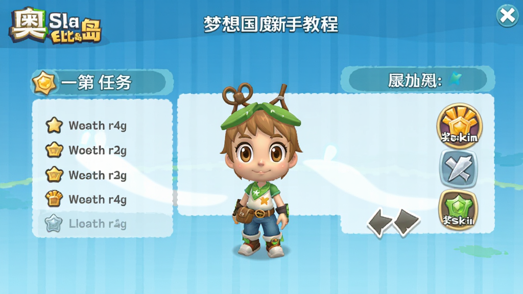 奥比岛:梦想国度 新手教程界面 主体是引导小奥比完成第一个任务 布局为对话弹窗与箭头指示 排版简洁明了 风格为清新卡通 细节包含任务列表 奖励图标 画质清晰 干净 无多余元素