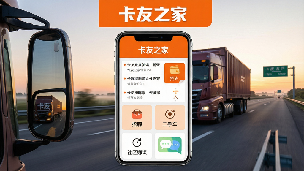 画面中央放置一部智能手机,手机屏幕上显示“卡友之家”APP主界面,界面包含资讯列表、招聘入口、二手车图标与社区聊天模块,背景是一辆行驶在高速公路上的重型卡车与清晨朝霞,整体布局采用上下分区,上方为品牌名称“卡友之家”与橙色主题色块,下方为功能卡片矩阵,风格写实简洁,细节包括卡车后视镜、路牌、手机反光,画质高清,干净,无多余元素