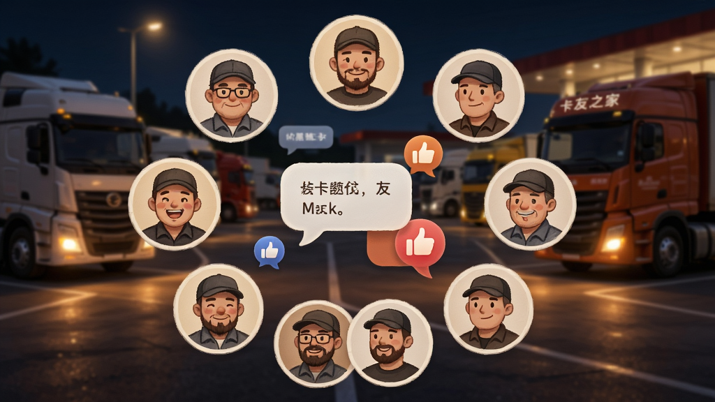 画面描绘一个温暖的线上社区场景,多位卡车司机头像以圆形图标排列在“卡友之家”标志周围,中间有对话气泡与点赞图标,背景是夜晚服务区与停靠的卡车,布局采用中心聚合式,风格柔和写实,细节包括头像表情、气泡文字、车灯暖光,画质高清,干净,无多余元素
