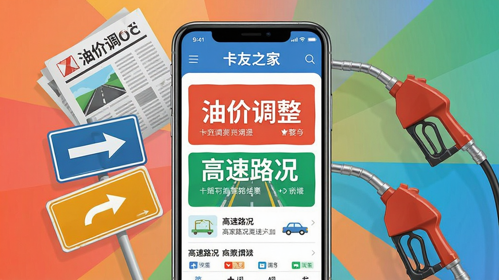 画面以手机屏幕为核心,屏幕上显示“卡友之家”资讯页面,标题包含“油价调整”“高速路况”等字样,手机周围环绕报纸、路牌、油枪等元素,布局采用中心放射式,风格扁平插画与写实结合,细节包括屏幕文字、图标配色、背景渐变,画质高清,干净,无多余元素