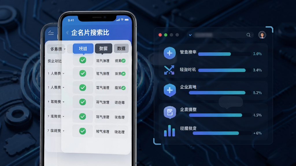 企名片搜索与同类软件功能对比示意图,主体为手机屏幕与数据面板,屏幕上显示功能对比表格与图标,布局为左右分栏,排版清晰,风格为科技商务风,细节包括对比项、勾选标记、数据条,画质高清,干净,无多余元素