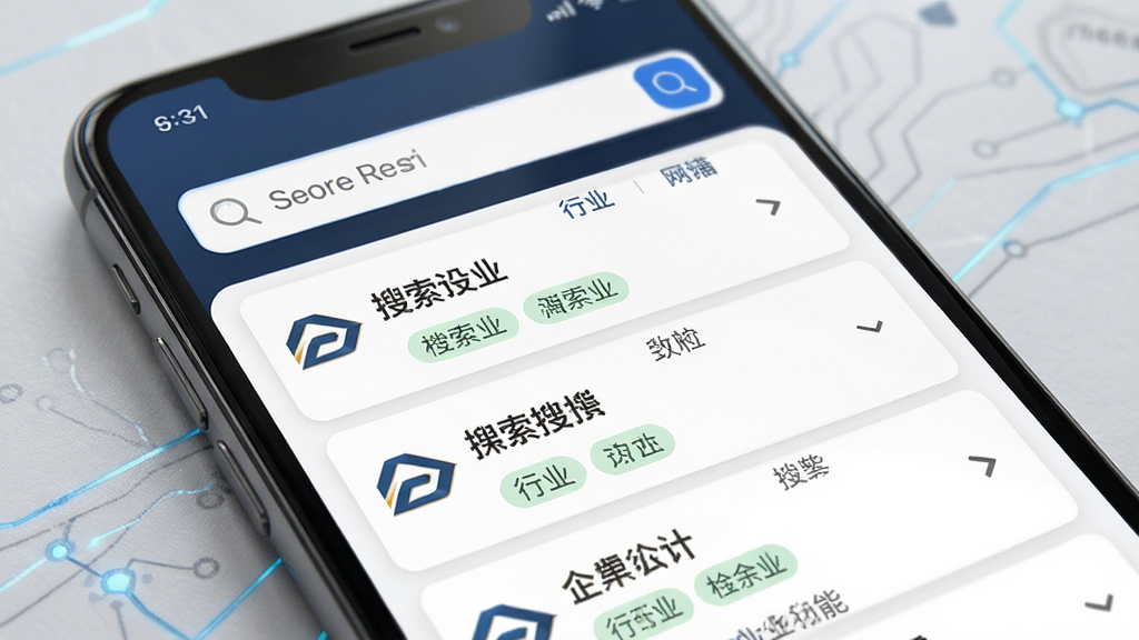 企名片搜索企业检索功能展示,主体为手机屏幕特写,屏幕上显示搜索框与搜索结果列表,布局为垂直列表,排版整齐,风格为商务科技感,细节包括企业logo、名称、行业标签,画质高清,干净,无多余元素