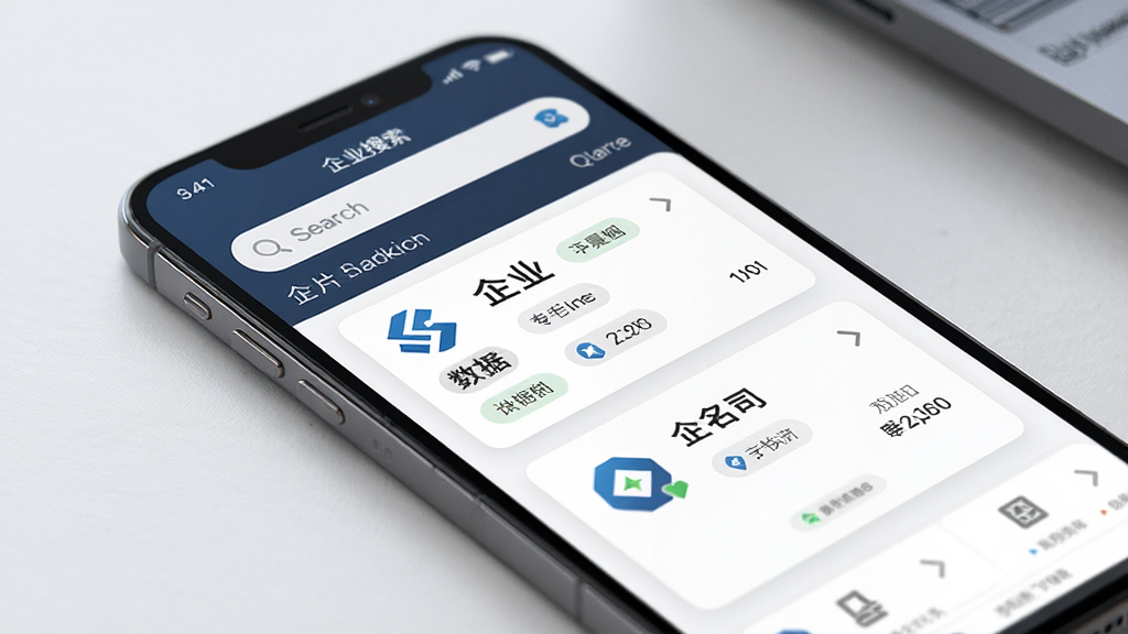 企名片搜索应用界面整体展示,主体为一部智能手机屏幕,屏幕上显示企业信息搜索列表与公司名片卡片,布局清晰,排版采用上下结构,风格为现代简约商务风,细节包括搜索框、企业图标、数据标签,画质高清,干净,无多余元素