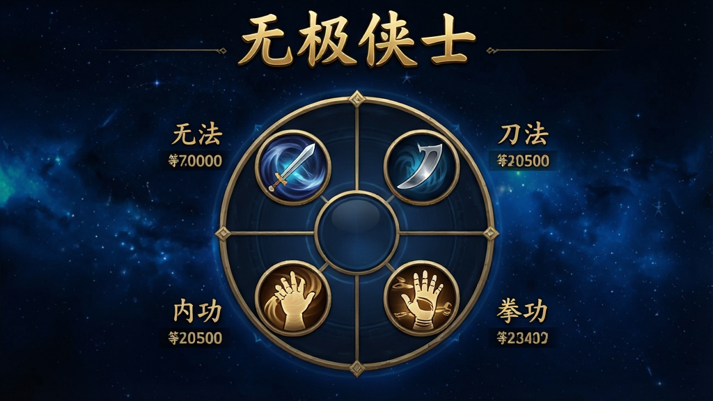 一张无极侠士游戏技能界面的示意图,画面中展示了一个圆形的技能轮盘,轮盘上分布着剑法、刀法、拳掌、内功四种图标,每个图标旁边有技能名称和等级数字,背景是深蓝色的星空纹理,画面顶部用金色字体写着“无极侠士”,风格为游戏UI设计,画质高清,干净,无多余元素