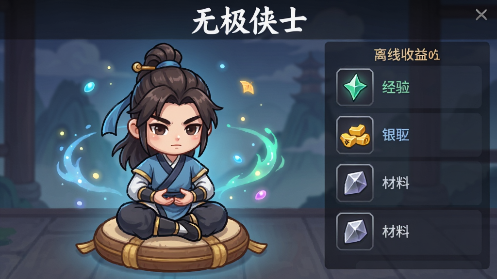 一张无极侠士游戏挂机收益界面的示意图,画面中一位侠客盘腿坐在蒲团上修炼,周围有灵气光点环绕,画面右侧显示离线收益列表,包括经验值、银两、材料等图标,画面顶部用白色字体标注“无极侠士”,风格为Q版国风,画质清晰,干净,无多余元素