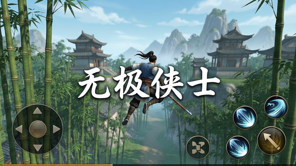 一张展示无极侠士游戏内开放世界地图的截图风格图片,画面中一位侠客正在使用轻功飞越竹林,远处有古风建筑和山脉,画面下方有虚拟摇杆和技能按钮的UI界面,图片中央用白色字体标注“无极侠士”,风格为3D国风渲染,画质清晰,干净,无多余元素
