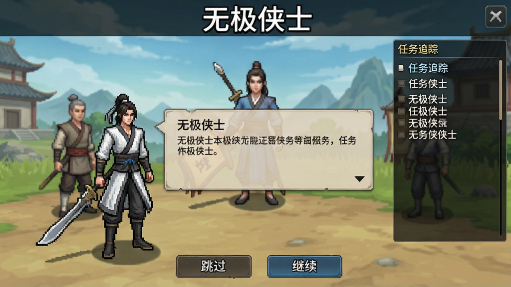 一张无极侠士游戏新手引导界面的示意图,画面中一位侠客正在与NPC对话,对话框中有任务提示文字,画面右侧有任务追踪列表,画面底部有“跳过”和“继续”按钮,画面顶部用白色字体标注“无极侠士”,风格为游戏UI截图,画质清晰,干净,无多余元素