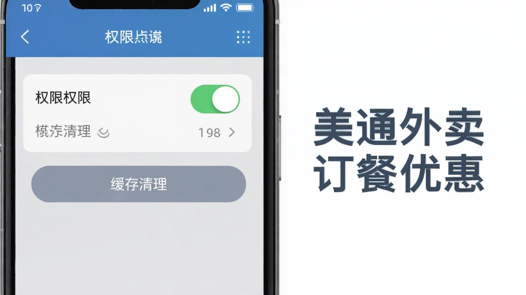 手机屏幕显示设置界面,界面中包含权限开关、缓存清理按钮等元素,旁边有