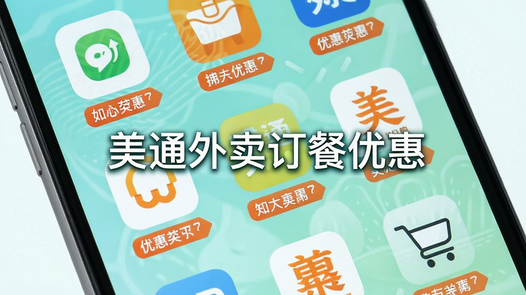 手机屏幕中展示多个外卖平台图标整齐排列,每个图标旁标注优惠标签,画面中央有