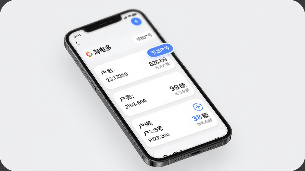 淘电多多户号管理界面,手机屏幕展示“淘电多”户号列表,每个户号以卡片形式呈现,包含户名、户号和余额,右上角有“添加户号”按钮,布局上手机悬浮在浅灰色背景中,风格极简现代,细节上卡片圆角柔和,画质清晰,干净,无多余元素