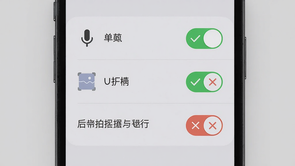 手机屏幕显示权限管理界面,界面中有麦克风、悬浮窗、后台运行等权限开关,开关旁边有绿色对勾和红色叉号图标,背景为浅灰色,布局为手机居中,风格为扁平化UI设计,细节上界面清晰整洁,画质高清,干净,无多余元素,图片中不出现文字