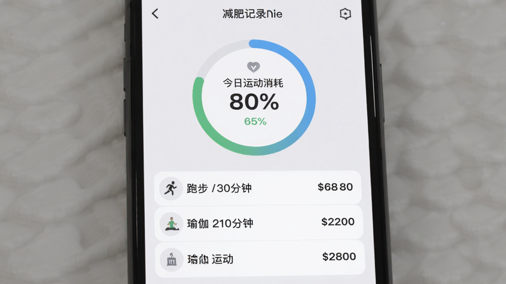 减肥记录应用的运动记录页面,屏幕中显示一个圆形进度环表示今日运动消耗目标完成百分比,下方列出跑步三十分钟、瑜伽二十分钟等运动条目,每条右侧显示消耗卡路里数,背景为浅灰色与白色搭配,界面排版清晰,风格现代简洁,画质高清,干净无多余元素