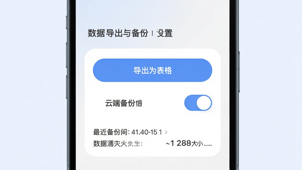 减肥记录应用的数据导出与备份设置页面,屏幕中显示导出为表格按钮与云端备份开关,下方有最近备份时间与数据大小显示,界面采用卡片式布局,背景为柔和浅色,排版整洁,风格为现代移动端设计,画质高清,干净无多余元素
