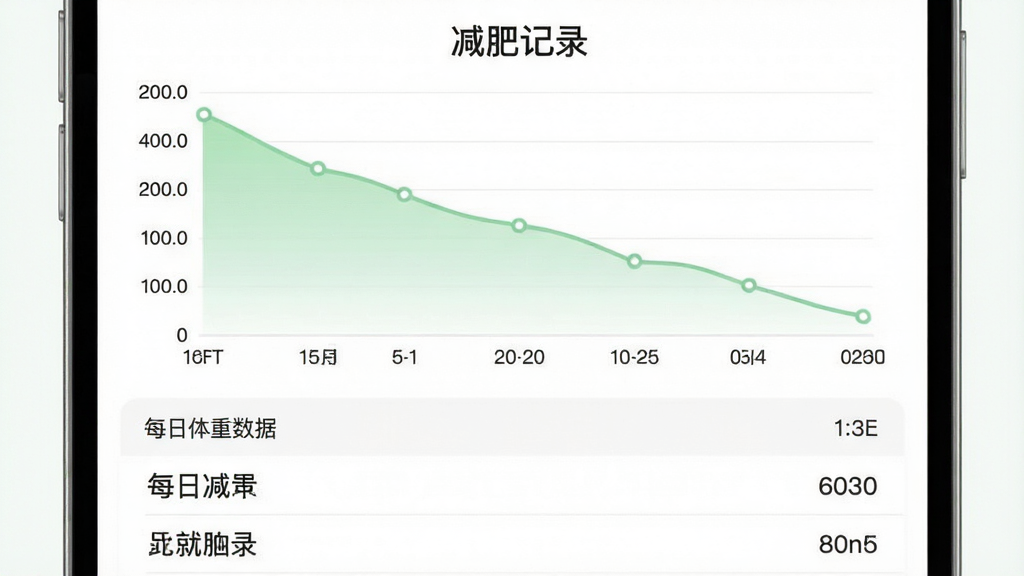 减肥记录应用内的体重趋势图表页面,屏幕上半部分显示一条平滑下降的折线图,横轴为日期纵轴为体重公斤数,折线下方有浅绿色渐变填充,图表上方有“减肥记录”文字标识,下半部分为每日体重数据列表,整体风格清新简约,排版整齐,画质高清,干净无多余元素