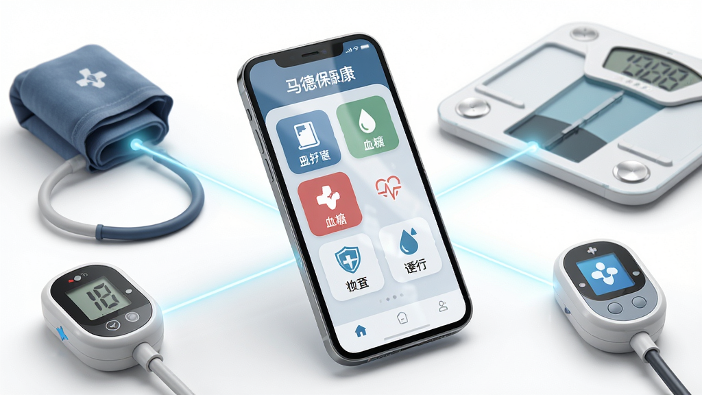 主体是一台智能手机,屏幕上显示着马德保康App的健康数据仪表盘界面,包含血压、血糖、体重等图标;布局采用中心构图,手机微微倾斜,周围环绕着血压计、体重秤、血氧仪等智能健康设备,设备之间用淡蓝色光线连接;排版清晰,手机界面文字清晰可见;风格为现代科技感与医疗健康结合的写实风格;细节上手机屏幕有轻微反光,设备质感真实,背景为干净的白色渐变;画质为高清4K,干净,无多余元素