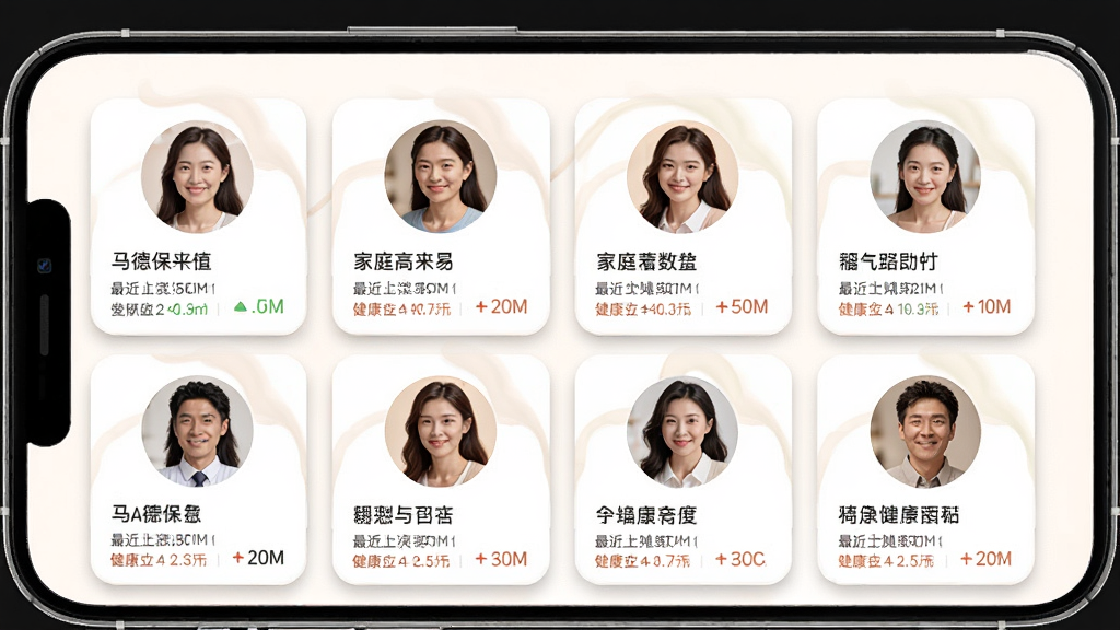 主体是马德保康App的家庭成员管理界面,手机屏幕上显示着多个家庭成员的头像卡片,每张卡片上有名字和最近一次的健康数据摘要;布局为手机屏幕居中,卡片呈网格排列;排版整齐,卡片圆角设计;风格为温馨家庭风格,色彩柔和;细节上头像有圆形边框,卡片有轻微阴影;画质高清,干净,无多余元素