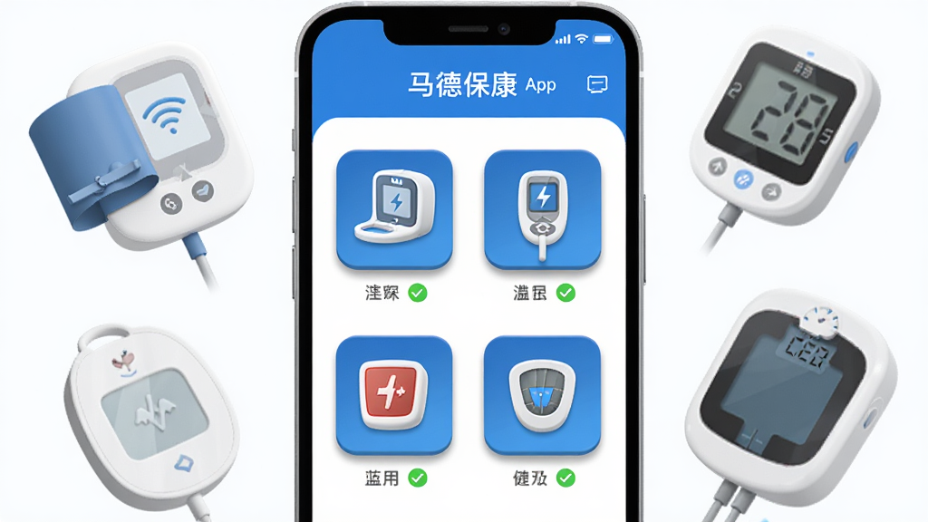 主体是马德保康App的蓝牙设备连接界面,屏幕上显示着血压计、血糖仪、体重秤等设备图标,每个图标旁有绿色的已连接状态;布局为手机屏幕特写,屏幕周围漂浮着对应的实体健康设备;排版简洁,图标排列整齐;风格为扁平化科技风,色彩以蓝白为主;细节上图标有轻微的立体阴影,背景干净无杂物;画质高清,干净,无多余元素
