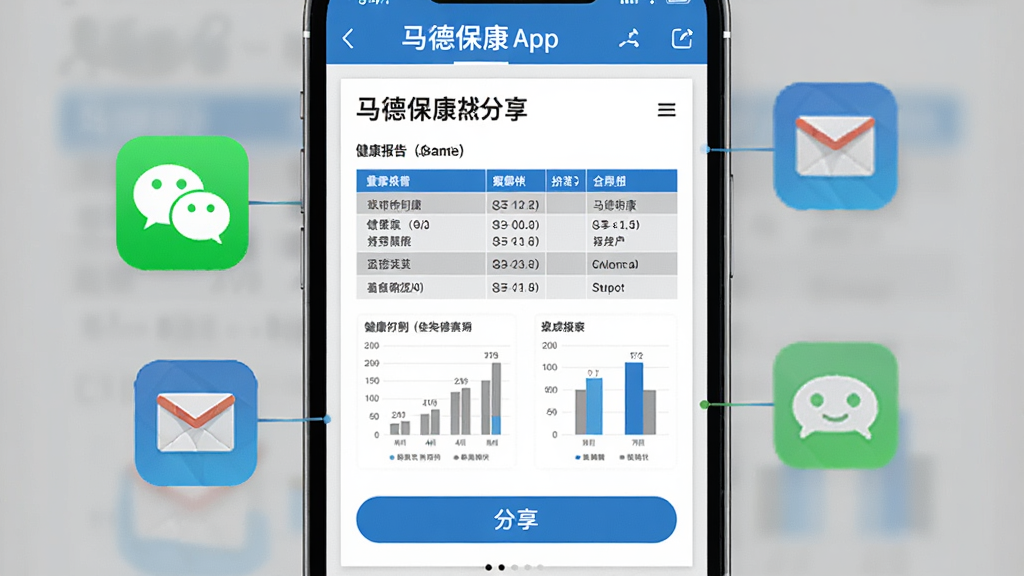 主体是马德保康App的健康报告分享界面,手机屏幕上显示着一份格式规范的健康报告文档,包含表格和图表,底部有分享按钮;布局为手机正面特写,屏幕外有微信、邮件等分享图标漂浮;排版上报告内容层次分明;风格为商务医疗风格,色彩以蓝白灰为主;细节上报告文字清晰可辨,分享图标有品牌色;画质高清,干净,无多余元素