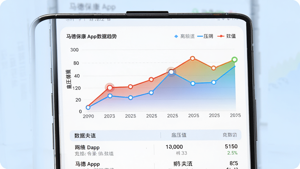 主体是马德保康App的数据趋势图界面,手机屏幕上显示着彩色折线图,横轴为日期,纵轴为血压值,图表下方有数据列表;布局为手机正面展示,背景为柔和的浅蓝色;排版上图表占据主要区域,文字标注清晰;风格为现代简约的数据可视化风格;细节上折线图有渐变填充,数据点有高亮标记;画质高清,干净,无多余元素
