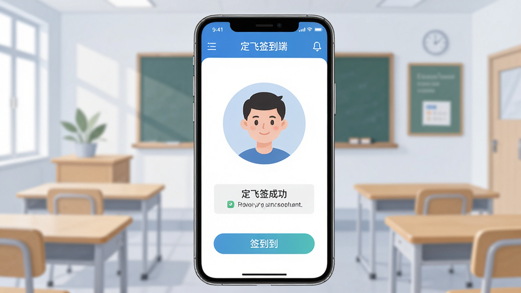 画面中央展示一部智能手机,屏幕上显示“定飞签到端”应用界面,界面中有一个圆形人脸识别区域和签到按钮,背景是简洁的教室场景,布局采用居中构图,风格为扁平化科技风,细节包括手机边框、应用图标、签到成功提示,画质清晰干净,无多余元素