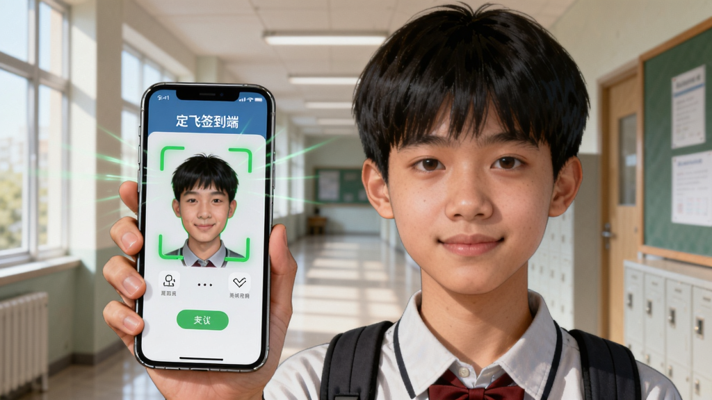 画面中一位学生手持手机,手机屏幕显示“定飞签到端”人脸识别界面,面部轮廓被绿色识别框锁定,背景为教室走廊,布局为人物半身居中,风格为写实插画风,细节包括手机界面元素、识别光线效果、学生表情,画质高清,干净无杂乱元素