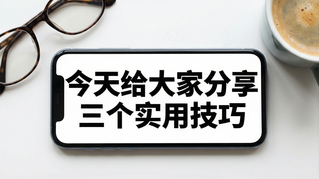 一部手机横向放置,屏幕中显示超大号黑色文字“今天给大家分享三个实用技巧”占据屏幕中央,字体粗大醒目,背景为白色,手机旁边放着一副眼镜和一杯咖啡,布局为俯视角度,风格为清新生活风,细节包括手机边框圆润、屏幕无眩光,画质高清、干净、无多余元素