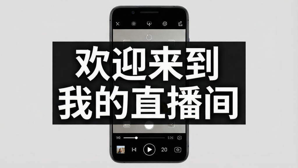 一张展示手机屏幕上显示超大号白色文字悬浮在相机预览画面之上的场景图,主体是一部竖屏安卓手机,布局为手机居中放置于纯色浅灰背景上,排版简洁突出手机屏幕内容,风格为写实产品展示风,细节包括手机屏幕中相机取景框内叠加半透明黑色背景的白色大字“欢迎来到我的直播间”,字体粗大清晰,屏幕下方有播放控制条,画质高清、干净、无多余元素