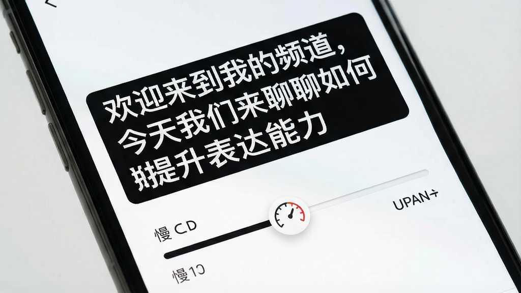 一部手机屏幕特写,屏幕中显示一段滚动文字“欢迎来到我的频道,今天我们来聊聊如何提升表达能力”,文字下方有一个速度调节滑块从慢到快,布局为手机屏幕正面特写,风格为极简UI设计风,细节包括滑块上有速度图标、文字为白色背景黑色字体,画质高清、干净、无多余元素
