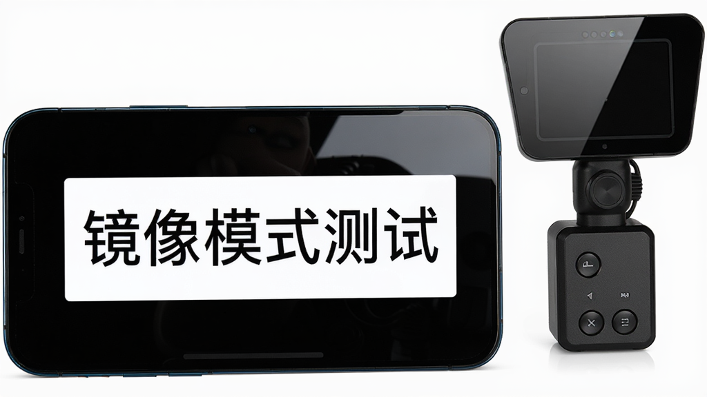 一部手机横屏放置,屏幕中显示左右镜像翻转的文字“镜像模式测试”,文字为白色背景黑色字体,手机旁边有一个小型外接提词器设备,布局为手机与设备并排展示,风格为专业设备展示风,细节包括设备表面有反光玻璃、手机屏幕清晰,画质高清、干净、无多余元素