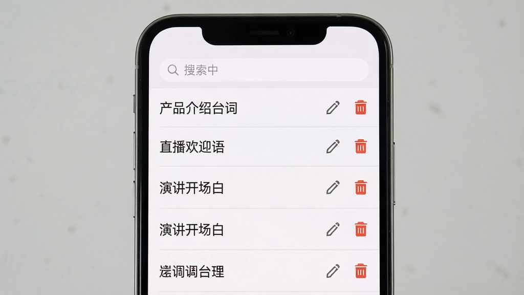 一部手机屏幕中显示一个台词本列表界面,列表项包括“产品介绍台词”、“直播欢迎语”、“演讲开场白”等,每个条目右侧有编辑和删除图标,布局为手机屏幕正面展示,风格为清爽列表UI风,细节包括列表项有浅灰色分割线、顶部有搜索框,画质高清、干净、无多余元素