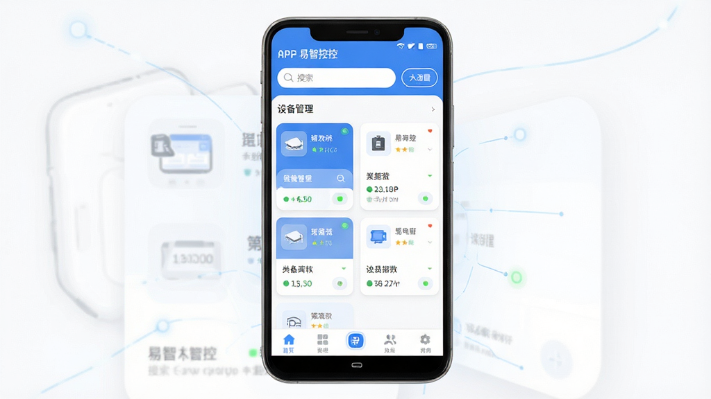 一张展示易智控软件主界面的手机样机图,画面中央是一部竖屏安卓手机,屏幕内显示易智控APP的设备管理首页,顶部有搜索栏与添加设备按钮,中部为设备卡片列表,底部为功能导航栏,整体布局简洁清晰,风格为现代科技感扁平化设计,细节包含蓝白配色、圆角卡片、状态指示灯图标,画质高清,干净,无多余元素
