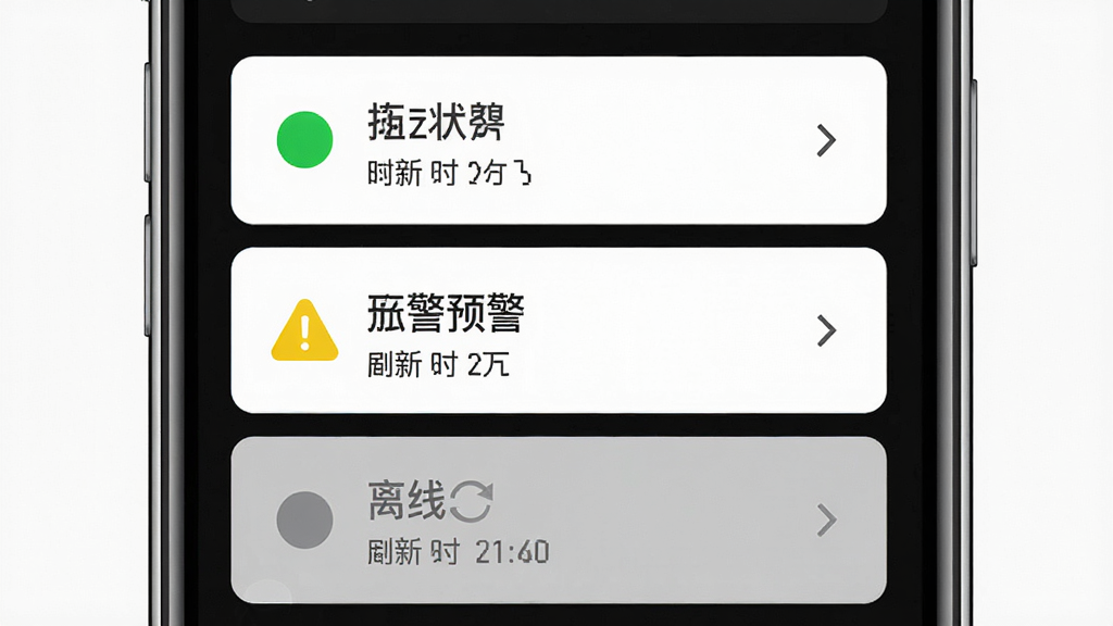 易智控实时状态反馈界面示意图,画面展示手机屏幕内设备状态面板,包含绿色在线标识、黄色预警标识、灰色离线标识,布局为列表式排版,风格为现代简洁风,细节包含状态圆点、文字标签、刷新时间戳,画质高清,干净,无多余元素
