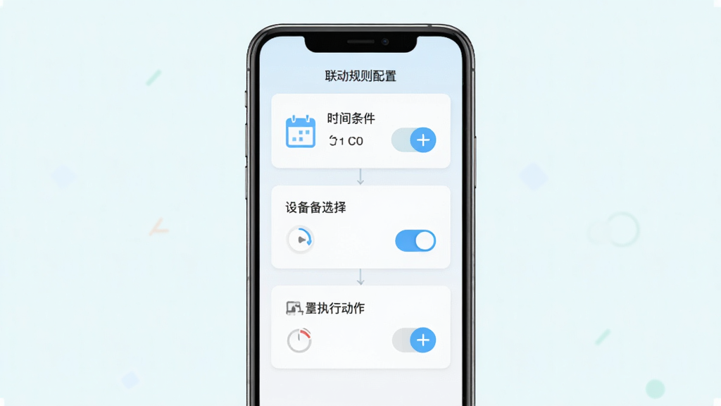 易智控场景联动设置页面示意图,画面中央为手机屏幕显示联动规则配置步骤,包含时间条件、设备选择、执行动作三个模块,布局为纵向流程式排版,风格为清新浅色系,细节包含日历图标、开关按钮、加号添加按钮,画质清晰,干净,无多余元素