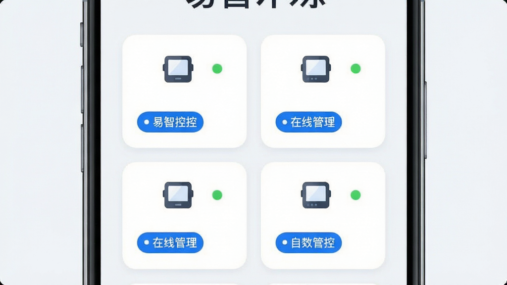 易智控多设备统一管理界面截图风格示意图,画面主体为手机屏幕内多个设备卡片整齐排列,每个卡片上方有设备图标与在线状态圆点,布局采用两列网格排版,风格清爽简约,细节包含浅色背景、蓝色高亮标签、圆角矩形卡片,画质清晰,干净,无多余元素