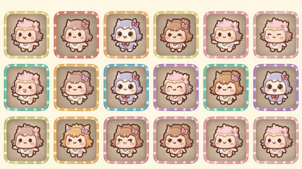 Sweet Pop : Lovely Match ��ɫ�ռ�����ͼ��չʾ�����ͬ���͵Ŀɰ���ͨ��ɫ�����ڸ����У����ֽ�ɫ�ѽ��������в�ɫ�߿򣬽��汳��Ϊ��͵�����ɫ����������������Ű����룬����ϸ�壬�޶���װ�Ρ�