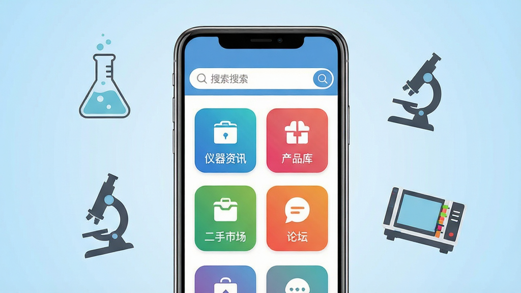 仪器信息网手机应用主界面展示图,画面中央是一部竖直放置的智能手机,屏幕内呈现仪器信息网APP首页,顶部搜索栏下方排列着仪器资讯、产品库、二手市场、论坛等彩色功能图标,背景为浅蓝色渐变,手机两侧漂浮着烧瓶、显微镜、光谱仪等科学仪器简约图标,整体风格清爽专业,布局居中对称,画质清晰,干净无多余元素