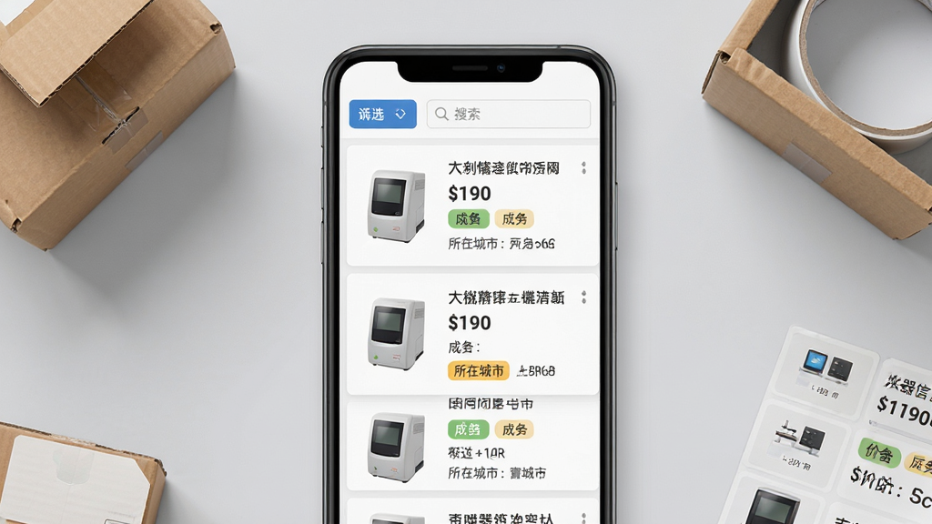 仪器信息网二手市场列表界面展示图,画面中央是一部竖直放置的智能手机,屏幕内呈现二手仪器信息流,每条信息左侧为设备实物缩略图,右侧显示标题、价格、成色标签和所在城市,顶部有筛选按钮和搜索框,背景为浅灰色,手机旁边散落着纸箱和标签贴纸,风格生活化且整洁,画质清晰,干净无多余元素