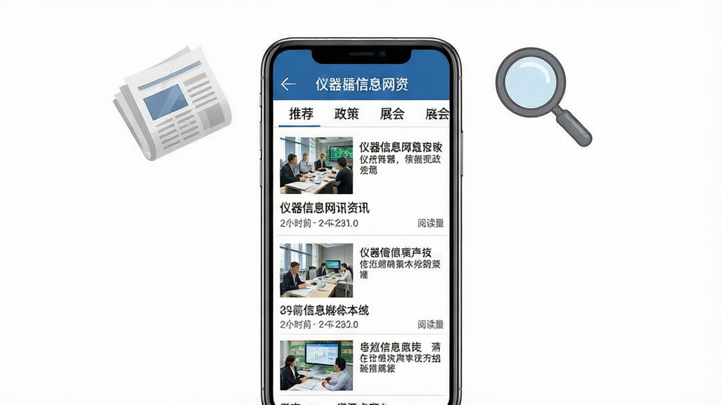 仪器信息网资讯频道界面展示图,画面主体为一部竖直放置的智能手机,屏幕内显示资讯列表,每条资讯配有行业图片和标题,标题下方标注发布时间与阅读量,顶部导航栏有推荐、政策、展会等标签,背景为白色,手机上方漂浮着报纸和放大镜图标,风格新闻资讯类,画质清晰,干净无多余元素