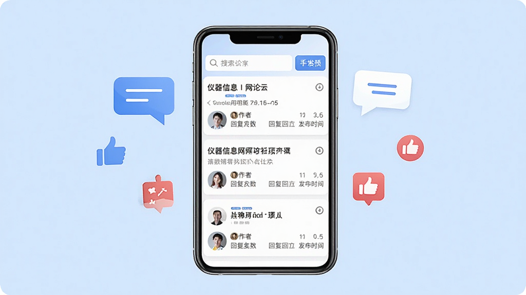 仪器信息网论坛社区界面展示图,画面中央是一部竖直放置的智能手机,屏幕内显示论坛帖子列表,每条帖子有标题、作者头像、回复数和发布时间,顶部有搜索框和发帖按钮,背景为浅蓝色,手机旁边漂浮着对话气泡和点赞图标,风格社交社区类,画质清晰,干净无多余元素