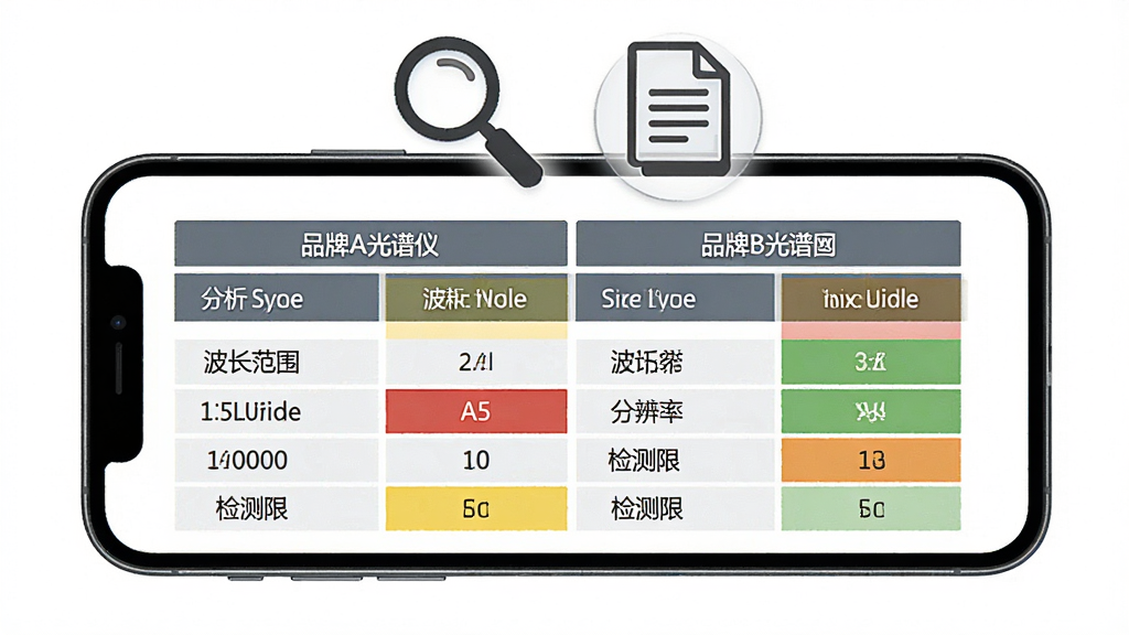 仪器信息网产品库对比界面展示图,画面主体为一部横向放置的智能手机,屏幕内显示两款分析仪器的参数对比表格,左侧为品牌A光谱仪,右侧为品牌B光谱仪,表格中高亮标出波长范围、分辨率、检测限等关键指标差异,手机上方漂浮着放大镜和文档图标,背景为纯白色,风格简洁商务,画质清晰,干净无多余元素