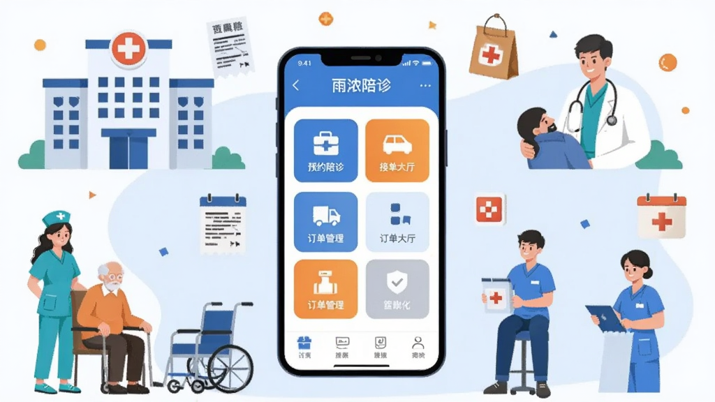 一张展示医疗陪诊服务场景的插画,画面中央是手机屏幕显示