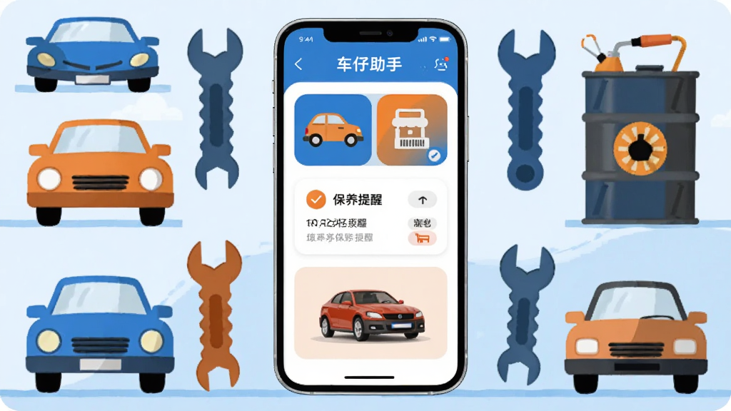 画面中央放置一部智能手机,手机屏幕显示车仔助手应用主界面,界面中包含车辆图标、保养提醒卡片和车模展示区域。手机周围环绕卡通风格的汽车、扳手、机油桶等元素,整体布局采用居中对称排版。风格为扁平化插画,色调以蓝色和橙色为主,细节干净利落,画质清晰,无多余元素。