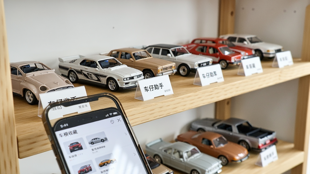 画面中是一排整齐的汽车模型展示架,每台车模旁边放置一个小标签。前景有一部手机,屏幕显示车仔助手的车模收藏列表界面。整体布局为货架式排列,风格清新明亮,色调以白色和原木色为主,细节精致,画质清晰,无多余元素。