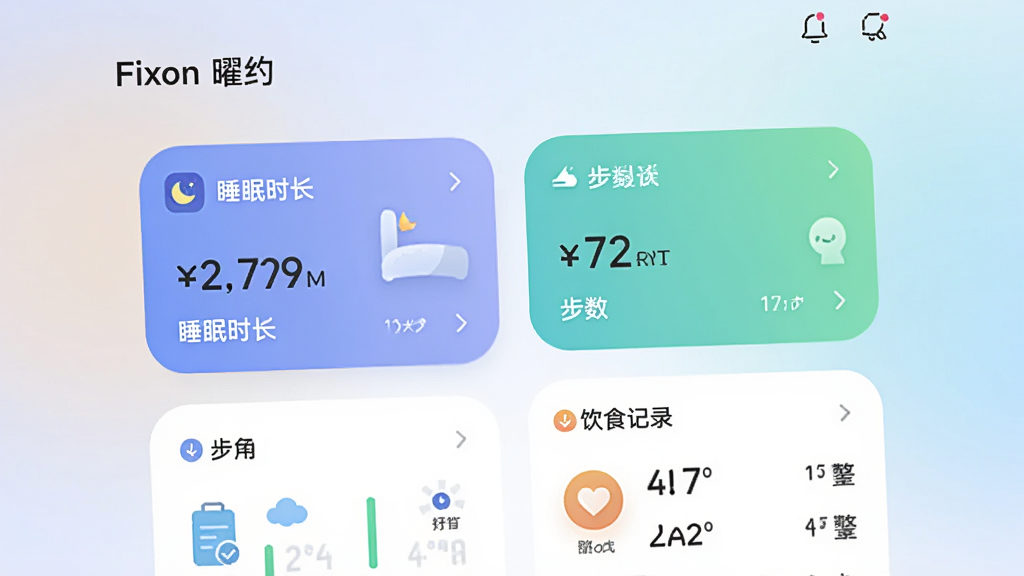 主体为Fixon曜约应用的数据看板界面,布局采用卡片式排列,展示睡眠时长、步数与饮食记录;排版整齐清晰,风格为清爽简约的移动端UI;细节包括柔和的渐变背景、圆角卡片、清晰的图标与数字;画质高清,干净,无多余元素