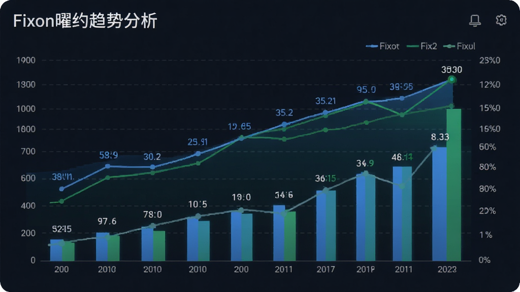 主体为Fixon曜约趋势分析图表界面,布局为折线图与柱状图组合;排版清晰,数据标注明确;风格为专业数据可视化;细节包括蓝绿配色、网格线、数值标签;画质高清,干净,无多余元素