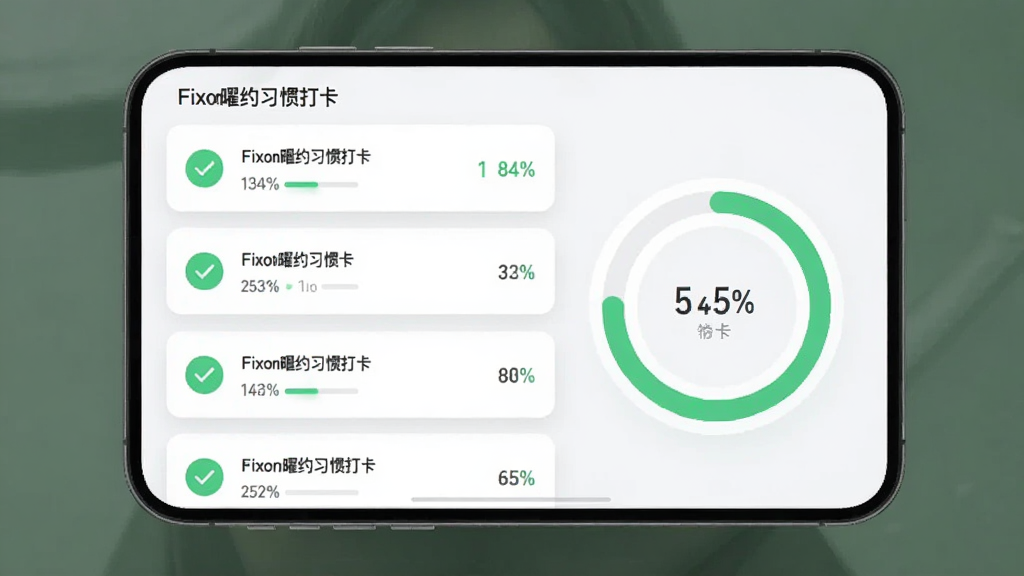 主体为Fixon曜约习惯打卡界面,布局为列表加进度环,展示多个习惯条目与完成状态;排版清爽,重点突出;风格为轻量健康管理风;细节包括绿色对勾图标、进度百分比、柔和阴影;画质高清,干净,无多余元素