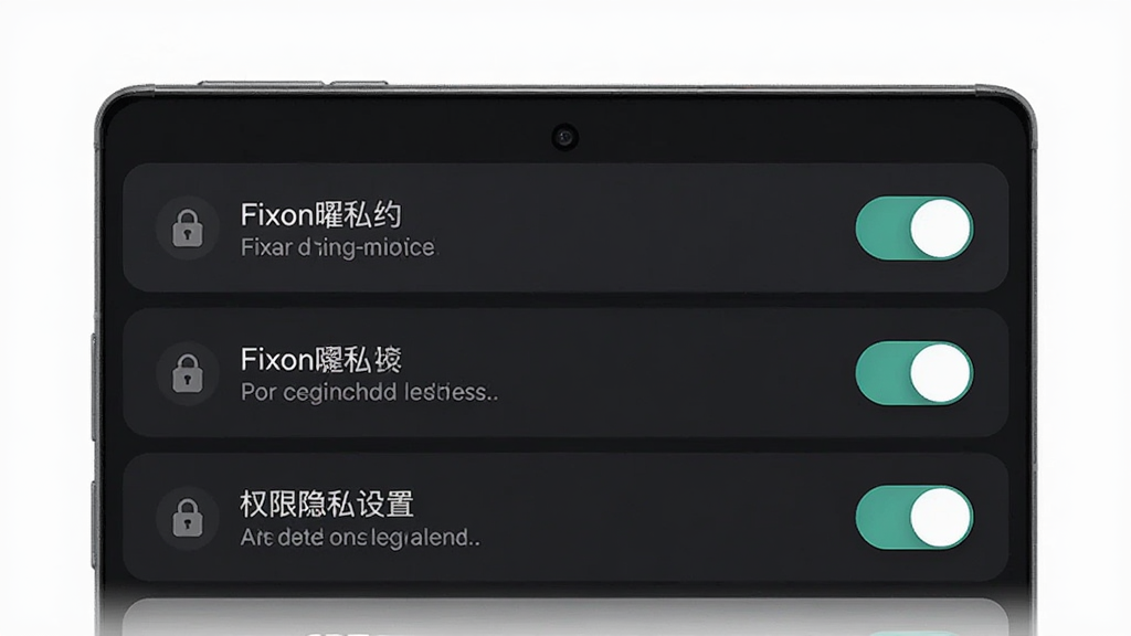 主体为Fixon曜约隐私设置界面,布局为权限开关列表;排版简洁;风格为安全可信的深色系UI;细节包括锁形图标、开关按钮、说明文字;画质高清,干净,无多余元素