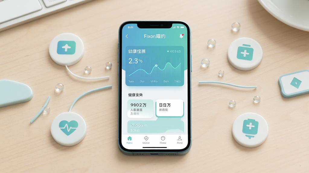 主体为一部智能手机,屏幕上显示Fixon曜约应用界面,包含健康数据图表与日程卡片;布局为手机居中放置于浅色桌面,周围环绕简约图标元素;排版简洁,主体突出;风格为现代科技感与清新健康风;细节包括柔和的蓝绿色调、清晰的UI卡片、干净背景;画质高清,干净,无多余元素